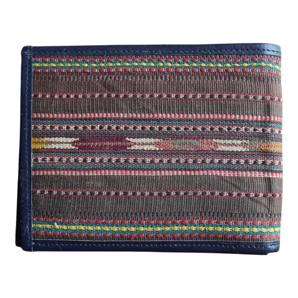 Vintage Handmade Woven Textile Navy Leather Wallet Billfold Gift Him